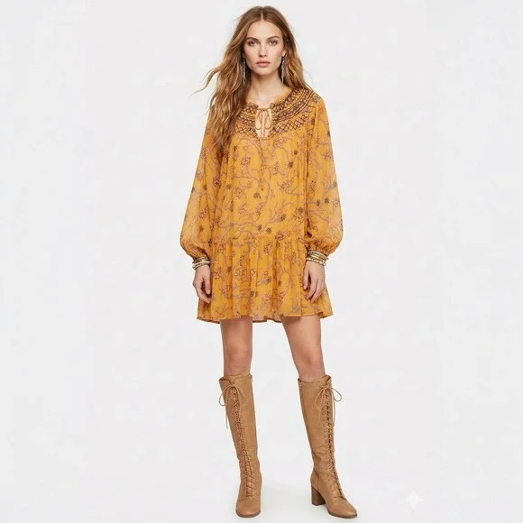 Free People Tunic Dress Keeping Up with Kara Orange Floral SHEER Boho Festival L - Picture 2 of 12